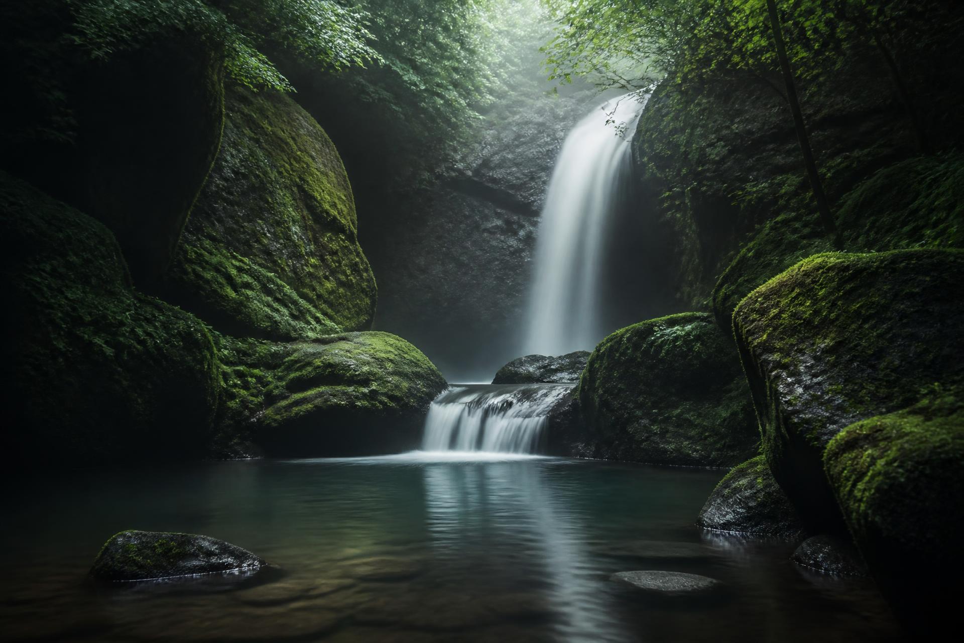 Mossy canyon waterfall falling into a still forest pool